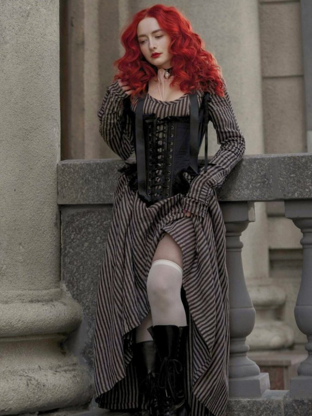 Linennaive Crystal 17 Brown Striped Victorian Maxi Linen Dress, size Large